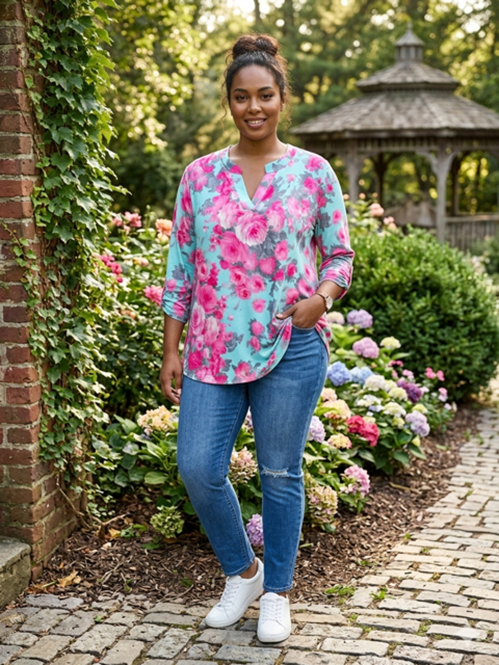 Dear Scarlett - Lizzy Mint Rose Floral 3/4 Length Tab Sleeve - 2X